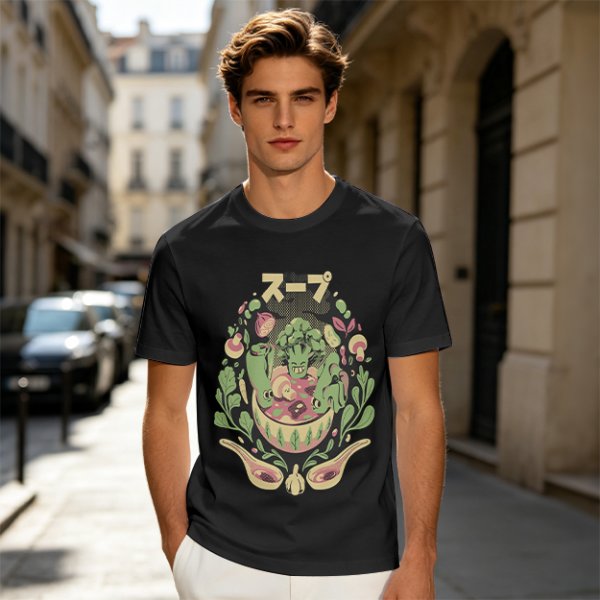 Olive green t-shirt with playful vegetable soup graphic print