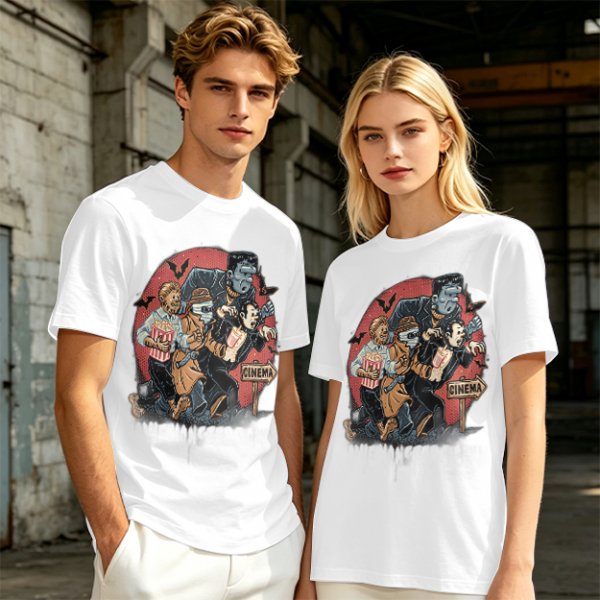 Olive T-Shirt with Classic Horror Monsters Going to Cinema Print