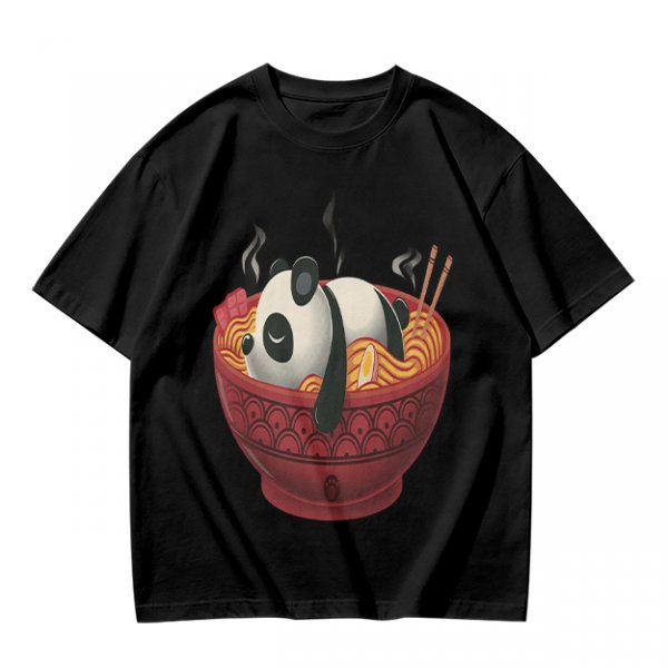 Olive green t-shirt with a panda relaxing in a steaming ramen bowl print