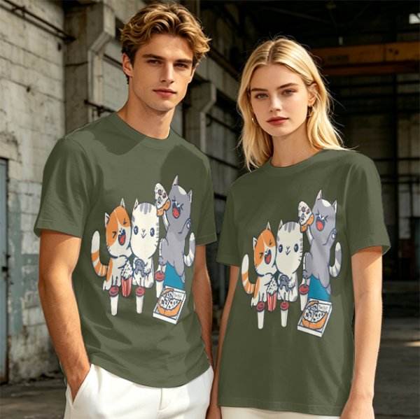 Olive T-Shirt With Cute Cats Enjoying Pizza And Snacks Print