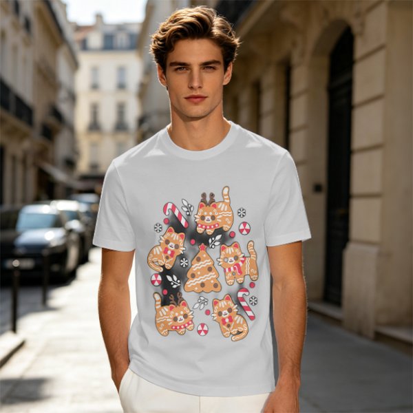 Olive Green Christmas Cat Gingerbread Graphic T-Shirt