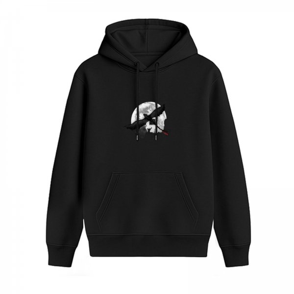Black hoodie with moon and flying crow graphic