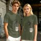 Olive t-shirt with 'Caffeine First Words Later' grumpy coffee mug print