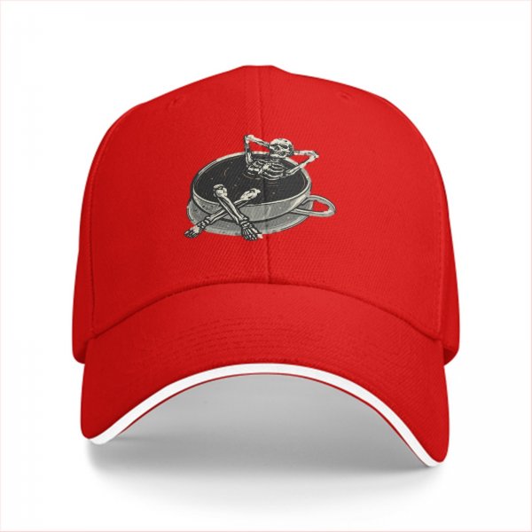 Black baseball cap with skeleton relaxing in coffee cup graphic