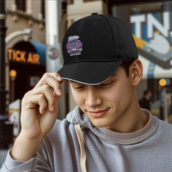 Black baseball cap with cute bat graphic and 'Bite First Ask Later' text