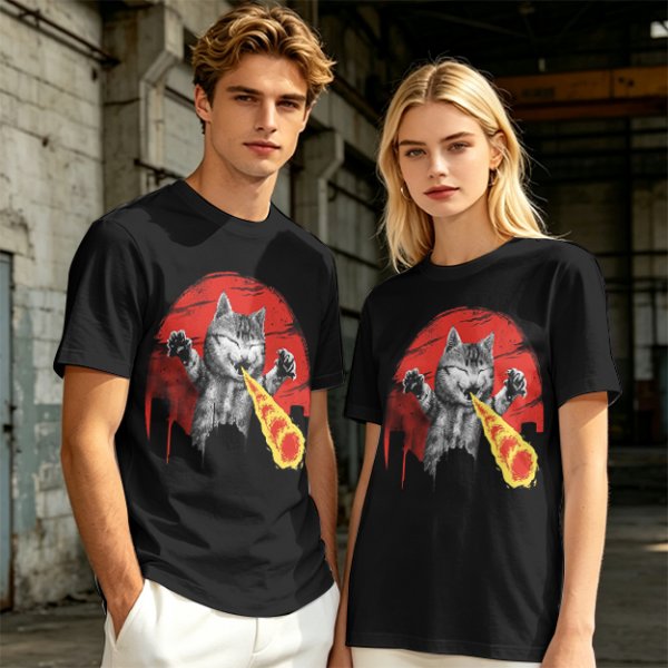 Olive T-Shirt With Laser Beam Shooting Cat Graphic