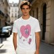Oversized Olive T-Shirt with Retro Walking Pink Heart Cartoon Graphic