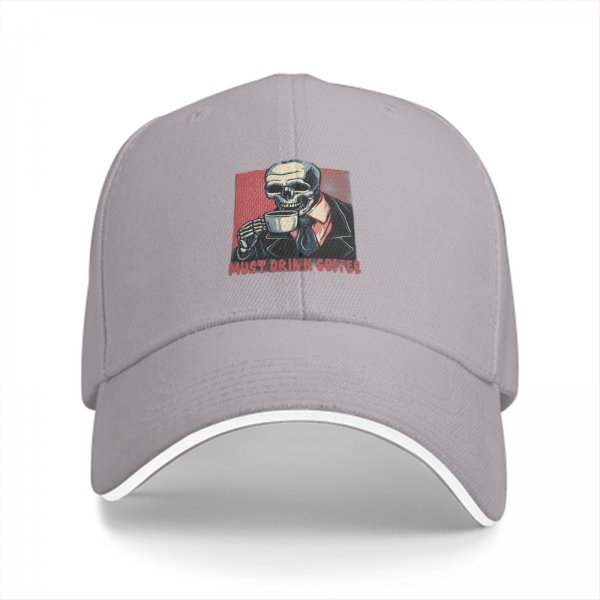 Black baseball cap with skeleton drinking coffee must drink coffee print