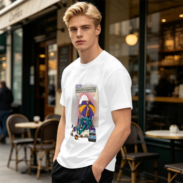 Olive T-shirt with Superhero Lounging Under Beach Umbrella Print