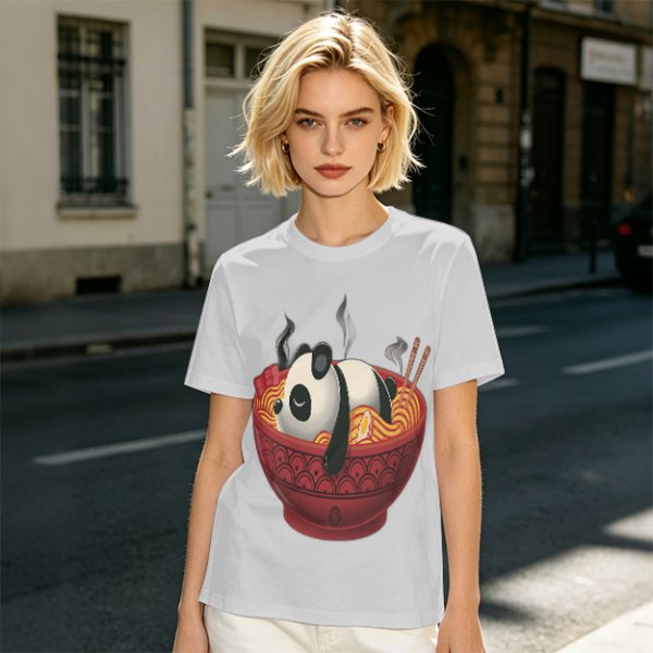 Olive green t-shirt with a panda relaxing in a steaming ramen bowl print