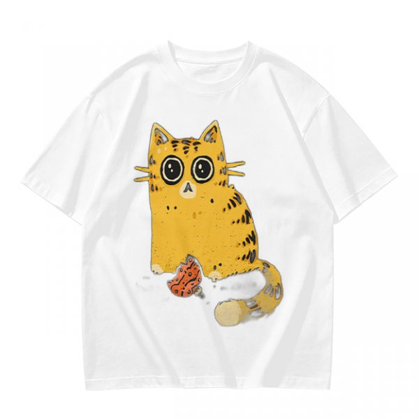 Olive T-Shirt With Cute Surprised Orange Tabby Cat Holding Meat Print