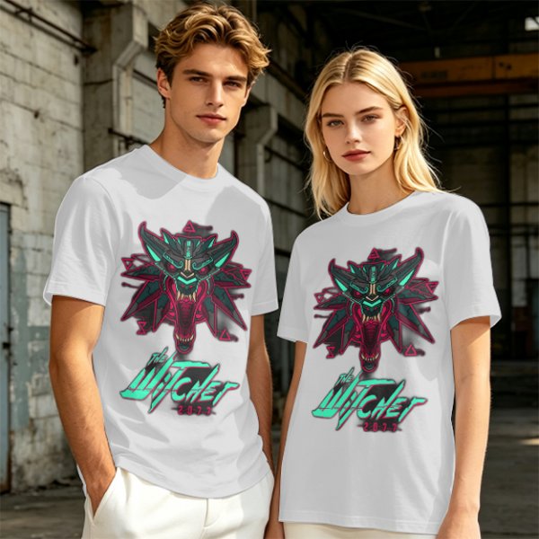 Olive T-Shirt With Cyberpunk Witcher Wolf Emblem Print
