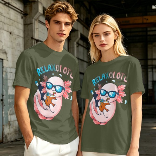 Olive t-shirt with a relaxed axolotl wearing sunglasses holding a drink