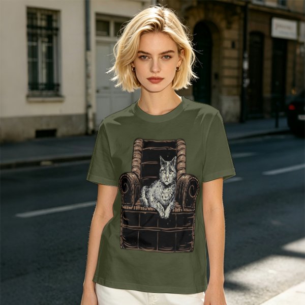 Olive Green T-Shirt With Cat In Armchair Graphic Print