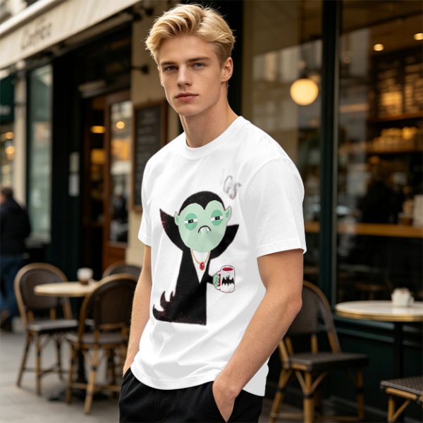 Olive T-Shirt With Tired Vampire Holding Bat Mug Graphic