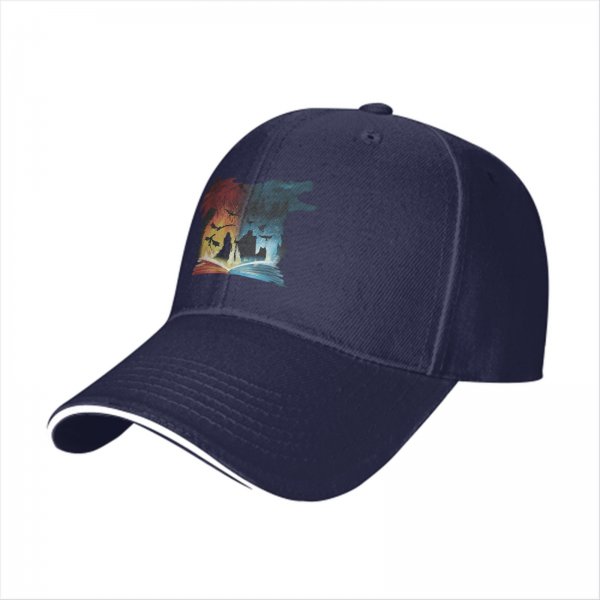 Black baseball cap with fantasy wolf and dragon book print design