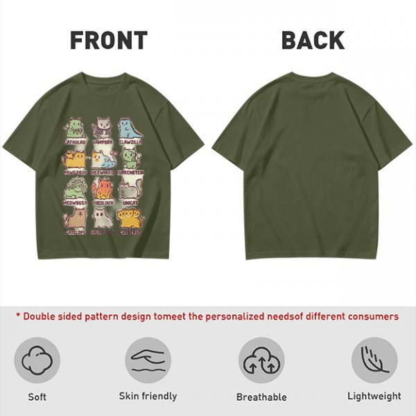 Olive green t-shirt with cute mythical monster cat graphic prints