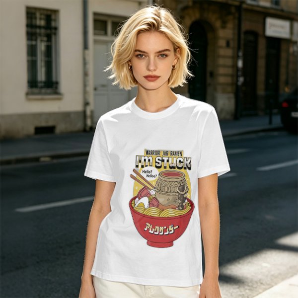 Olive graphic tee with ramen bowl and stuck jar print