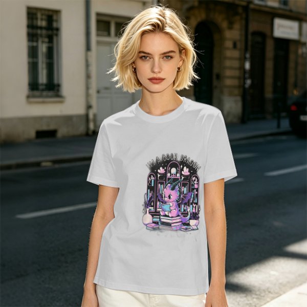 Olive t-shirt with cute book dragon reading design