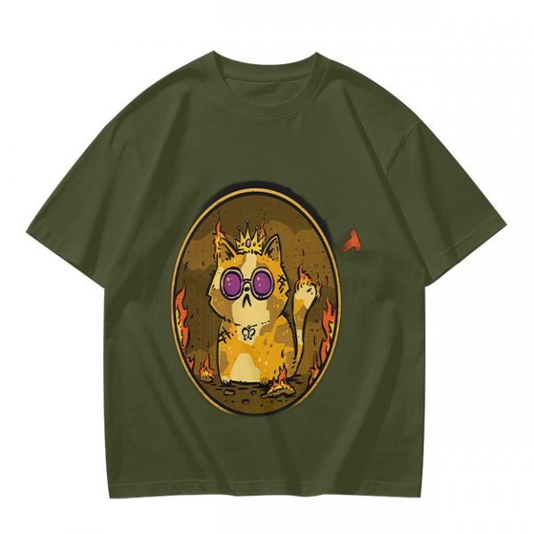 Olive T-Shirt With Flaming Royal Cat Portrait Print