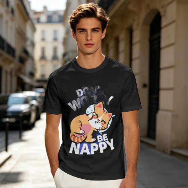 Olive T-Shirt with Don't Worry Be Nappy Sleeping Cat Graphic