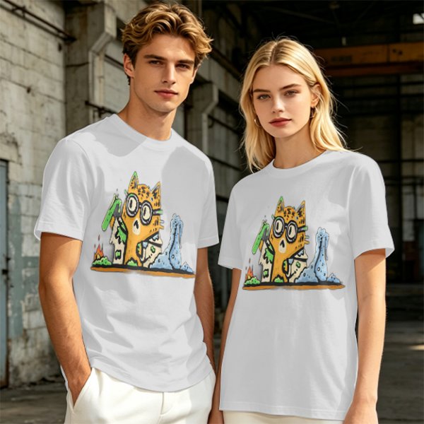 Olive T-Shirt With Mad Scientist Cat Chemistry Lab Print