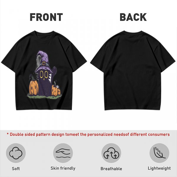 Olive Halloween T-Shirt with Black Cat Witch and Pumpkins