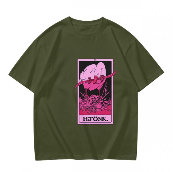 Olive T-Shirt With Tarot Card Style Goose Print HJÖNK