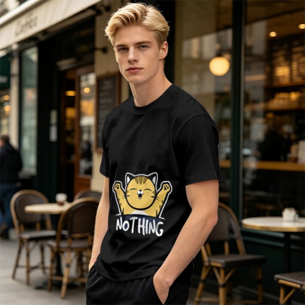 Olive T-Shirt with Happy Raised Paw Cat and 'NOTHING' Print