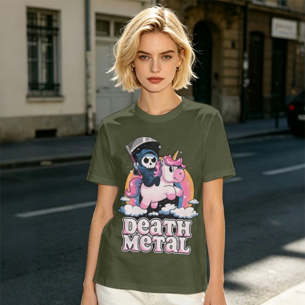 Olive t-shirt with cute grim reaper riding unicorn and death metal graphic