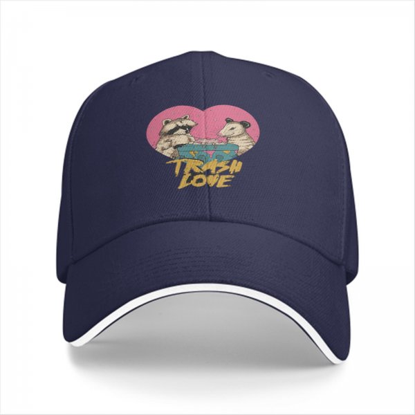 Black baseball cap with Trash Love raccoon and opossum heart graphic