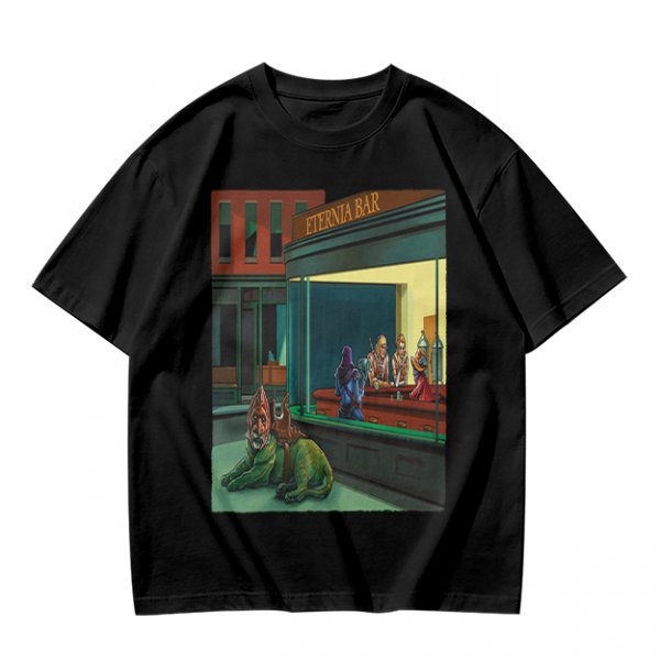 Olive T-Shirt With Surreal Bar Scene Graphic Print
