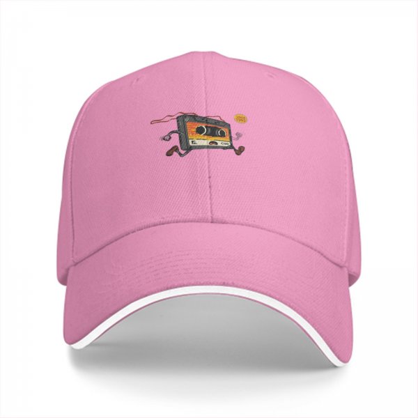 Black baseball cap with running cassette tape graphic