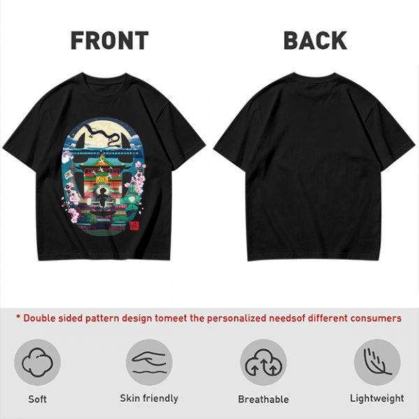 Spirited Away Bathhouse Graphic Tee with No Face and Dragon Art
