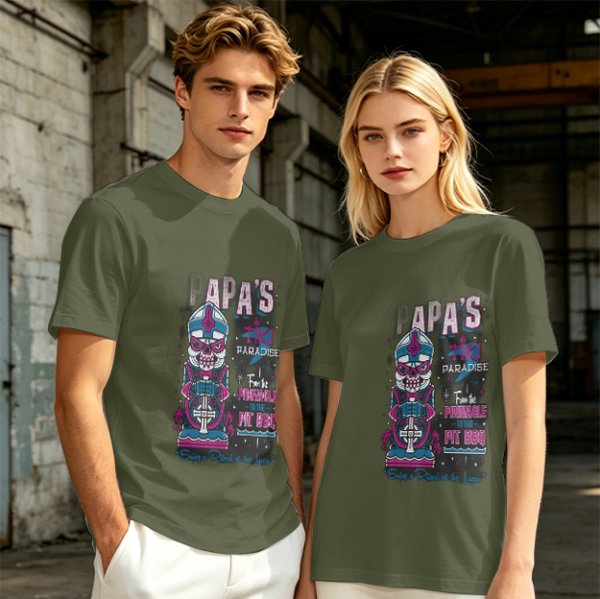 Olive T-Shirt with Papa's Tiki Paradise Skull Graphic