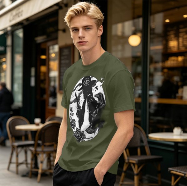 Olive T-Shirt With Western Gunslinger Crow And Roses Graphic