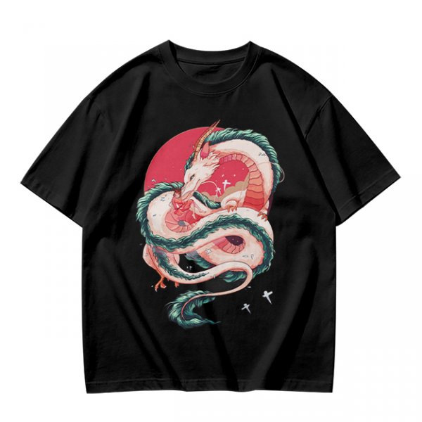 Olive T-shirt with stylized white dragon and red circular graphic print