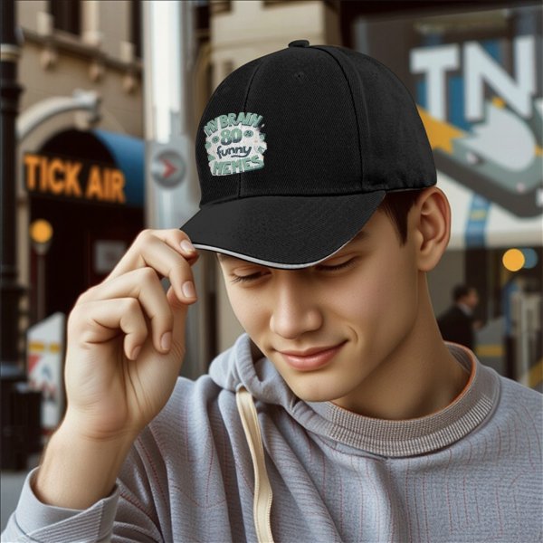 Black baseball cap with 'My Brain Is 80 Funny Memes' graphic