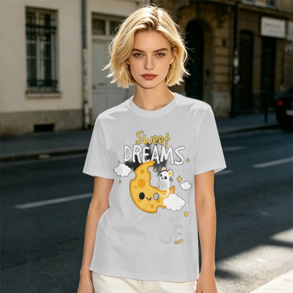 Olive t-shirt with sweet dreams cheese moon and mouse graphic