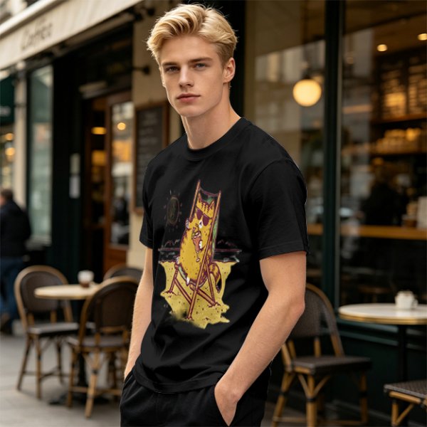Olive T-Shirt With Cool Cat Lounging On Beach Chair Holding Drink