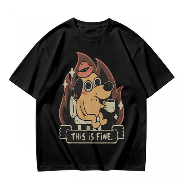 Olive T-Shirt Featuring the 'This Is Fine' Dog in Flames Holding Coffee