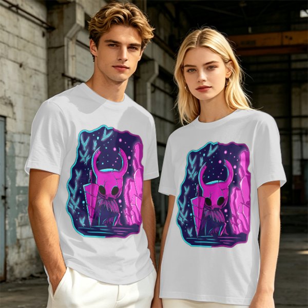 Olive Green T-Shirt With Neon Hollow Knight Character Art