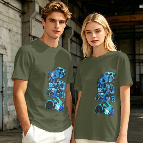 Olive Green T-Shirt with Blue Abstract Graphic Print