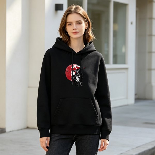 Black Hoodie with Red Moon and Samurai Warrior Graphic Print