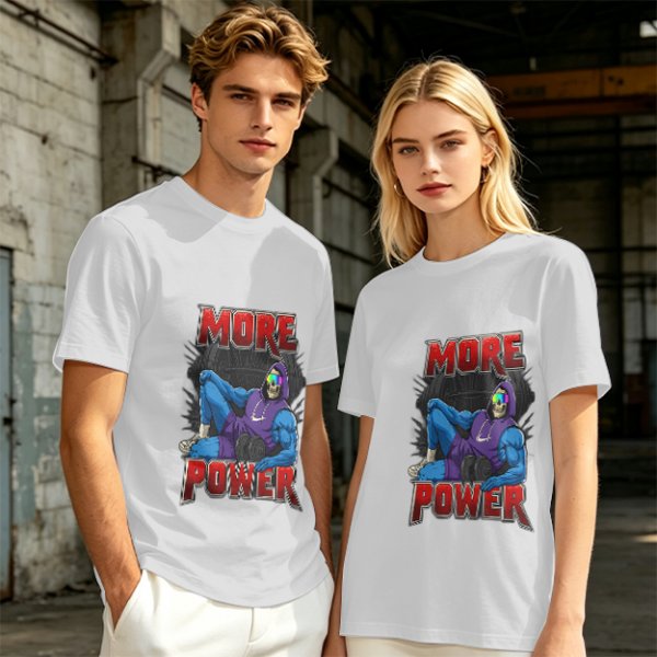 Olive Graphic T-Shirt with 'MORE POWER' and Muscular Skeleton Character