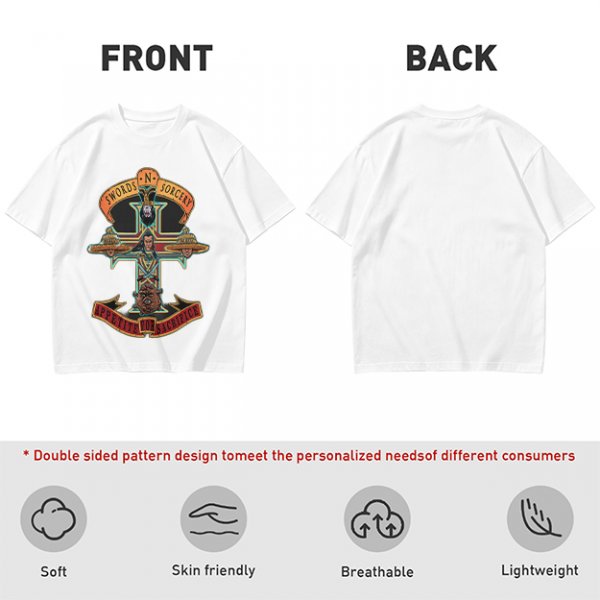 Olive graphic t-shirt with swords n sorcery appetite for sacrifice cross design