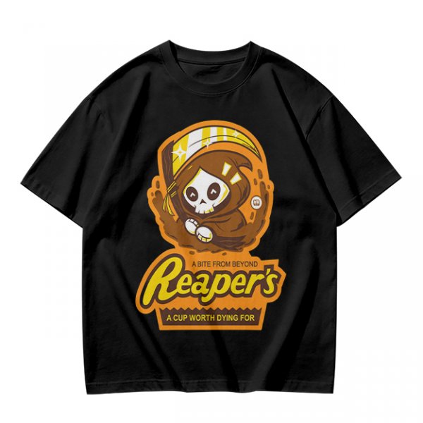 Olive green graphic t-shirt with cute reaper coffee themed print