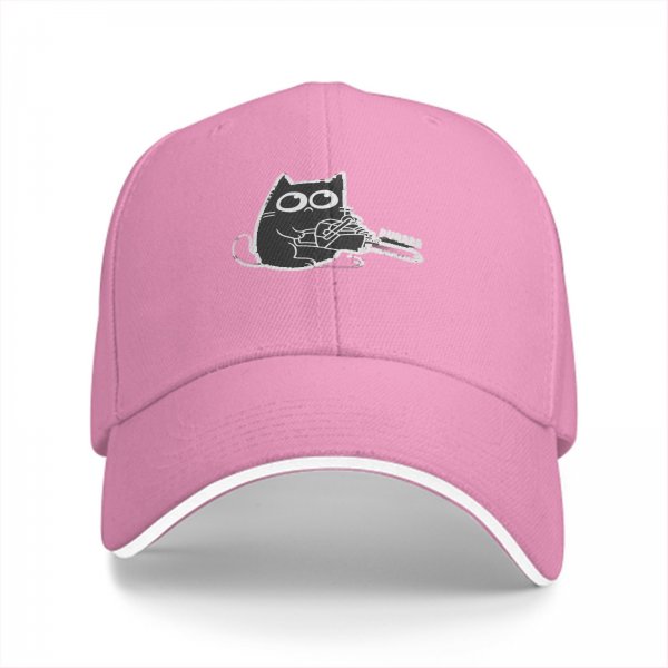 Black Baseball Cap With Cute Cat Holding Chainsaw Purr Print