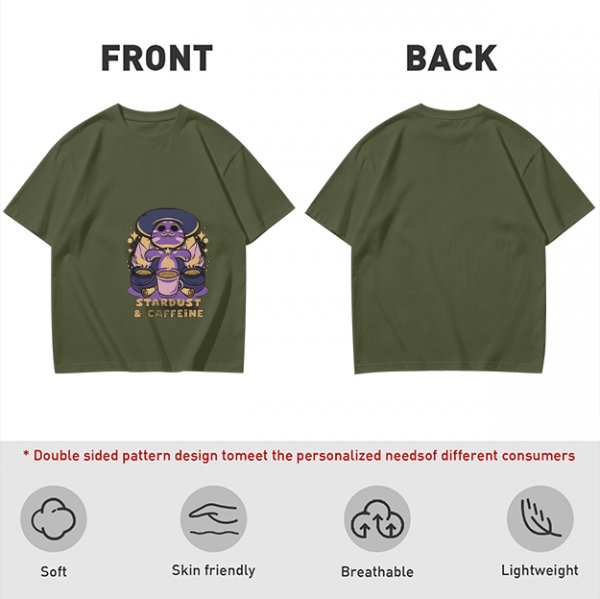 Olive Graphic T-Shirt with Wizard Cat and Stardust & Caffeine Print