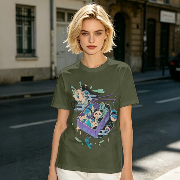 Olive t-shirt with whimsical bento box animal graphic print